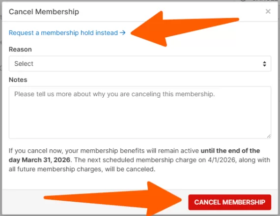Screenshot of the Cancel Membership Screen