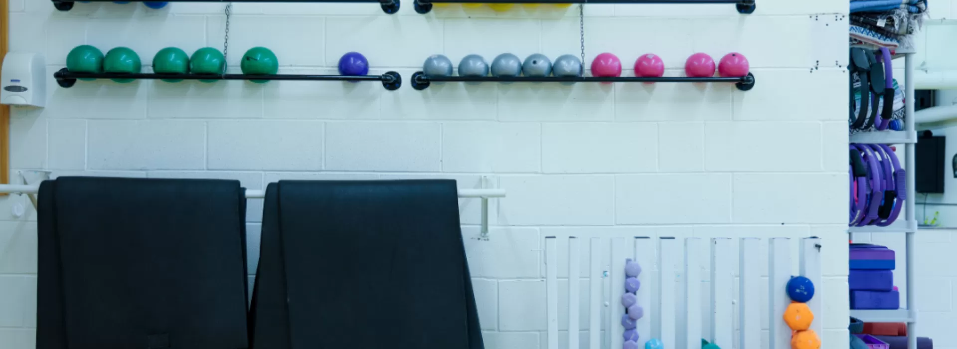 yoga mats, medicine balls and free weights